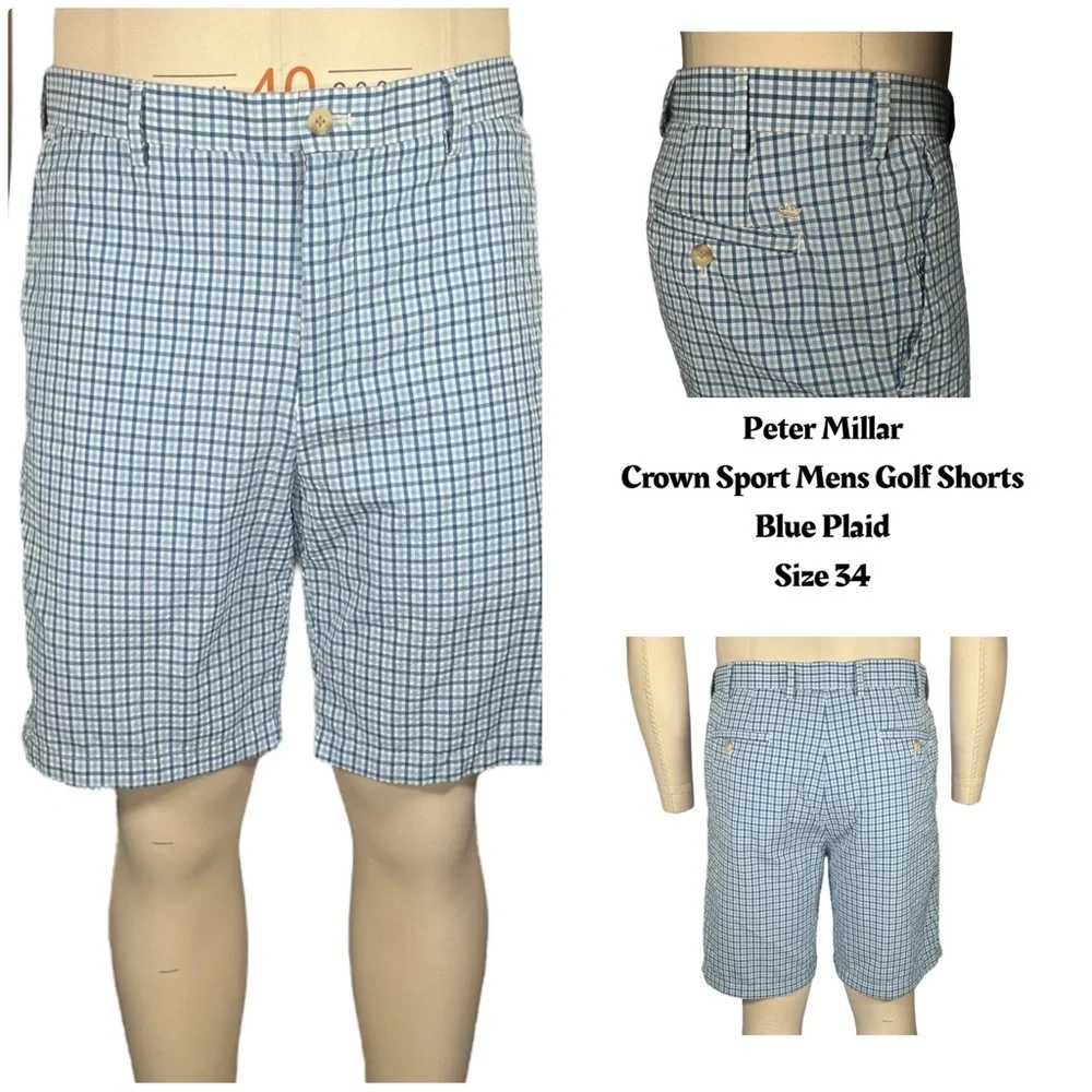 Peter Millar Crown Sport Lightweight Performance Seersucker Shorts Plaid Blue 34